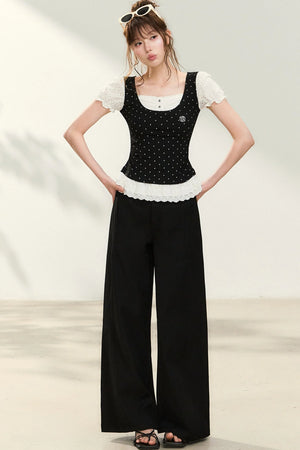 Polka Dot Lace Trim Puff Sleeve Top