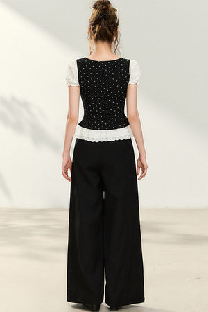 Polka Dot Lace Trim Puff Sleeve Top
