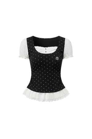 Polka Dot Lace Trim Puff Sleeve Top