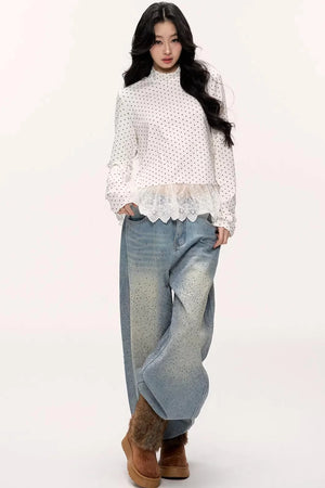 Polka Dot Lace Turtleneck Top