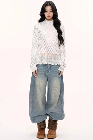 Polka Dot Lace Turtleneck Top