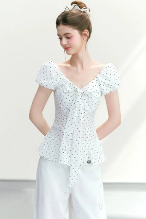 Polka Dot Lace-Up Blouse