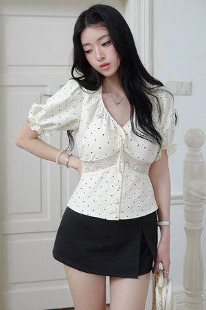 Polka Dot Lace V-Neck Blouse