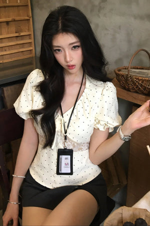 Polka Dot Lace V-Neck Blouse