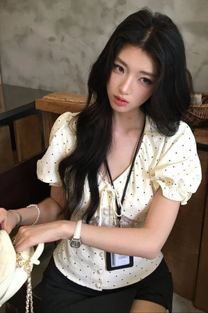 Polka Dot Lace V-Neck Blouse