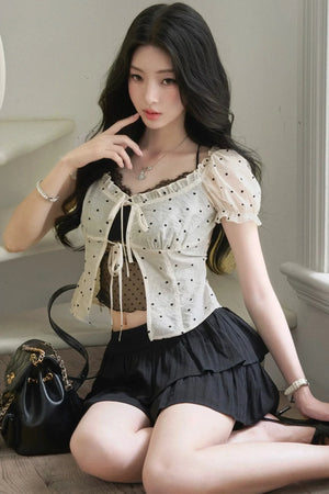 Polka Dot Mesh Puff Blouse