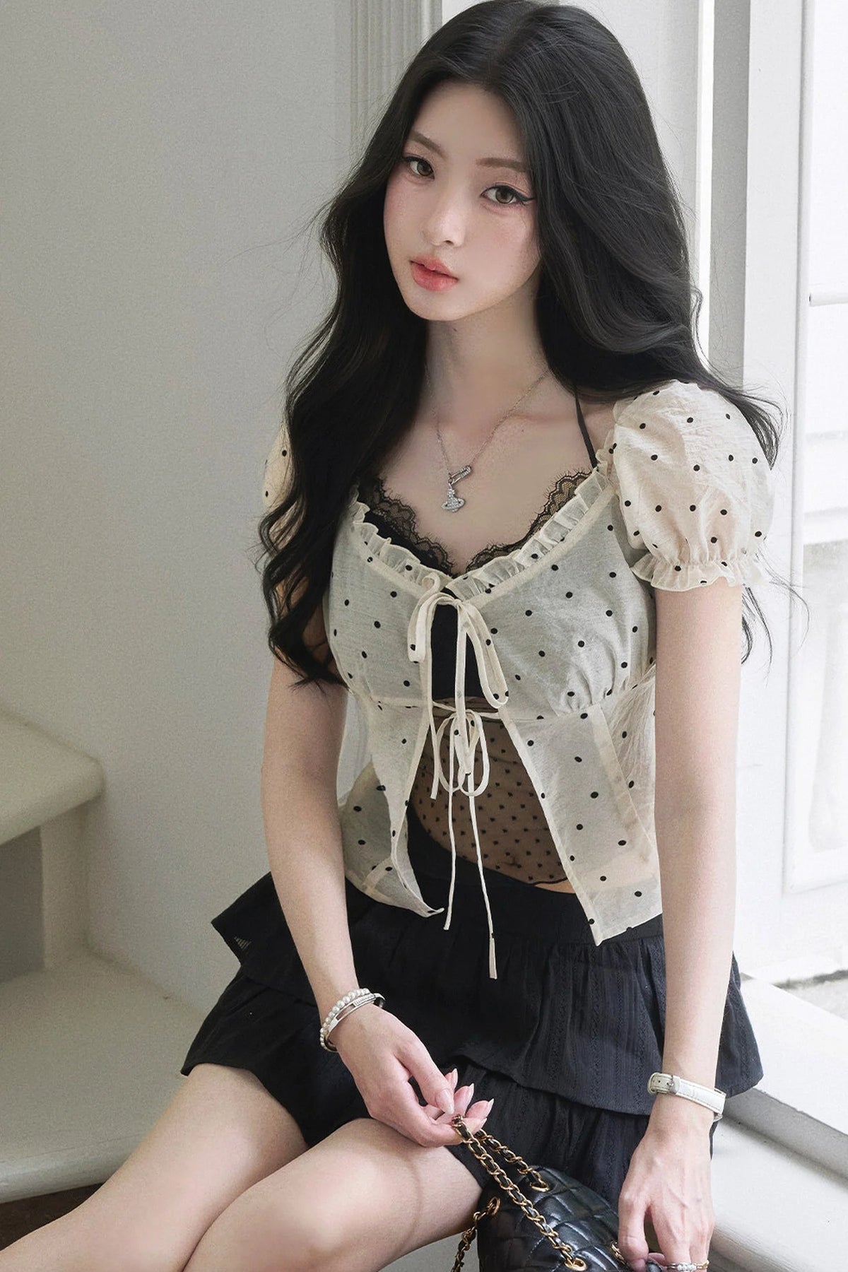 Polka Dot Mesh Puff Shirt