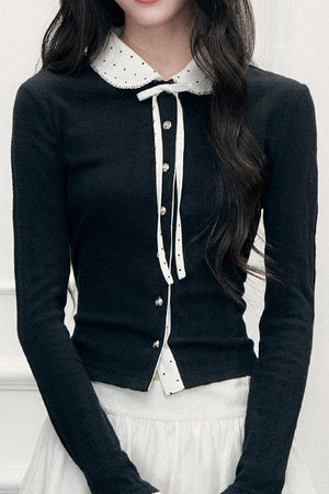 Polka Dot Patchwork Long Sleeve Knit Top and Skirt Set-Up