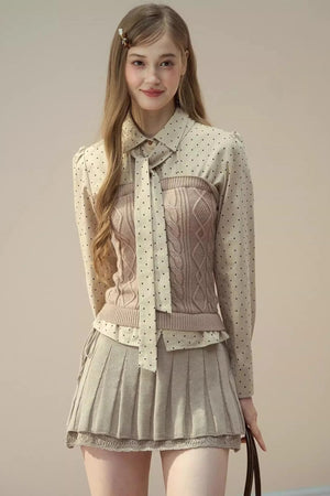 Polka Dot Patchwork Shirt And Skirt Set-Up