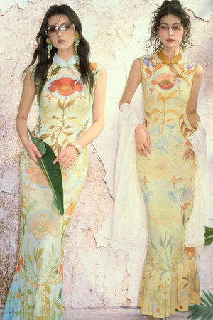 Poppy Print Silk High-Elastic Two-Piece Cheongsam Dress Set