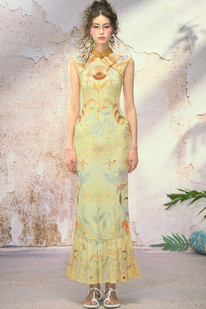 Poppy Print Silk High-Elastic Two-Piece Cheongsam Dress Set