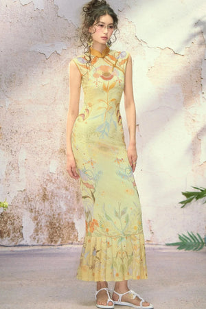 Poppy Print Silk High-Elastic Two-Piece Cheongsam Dress Set