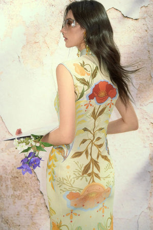 Poppy Print Silk High-Elastic Two-Piece Cheongsam Dress Set