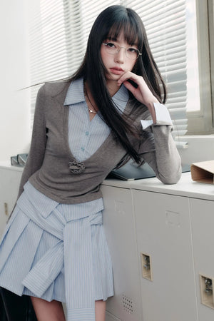 Preppy Blue Stripe Long Sleeves Shirt Set-Up