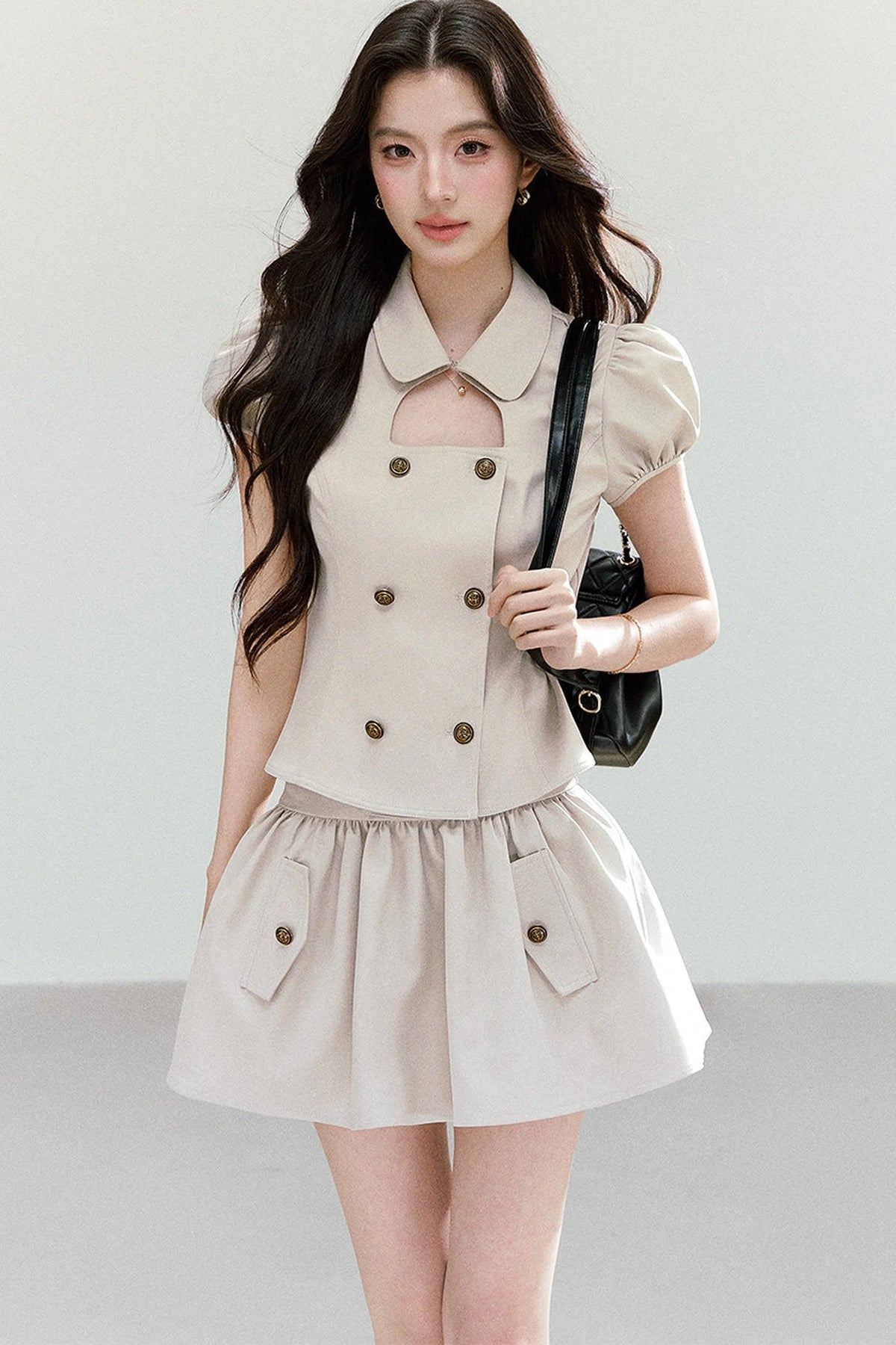 Preppy Doll Collar Double-Breasted Shirt And Puffy Skirt Set-Up