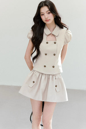 Preppy Doll Collar Double-Breasted Shirt And Puffy Skirt Set-Up
