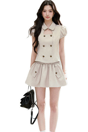 Preppy Doll Collar Double-Breasted Shirt And Puffy Skirt Set-Up