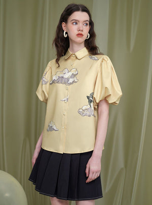 Print Puff Sleeve Flower Shirt