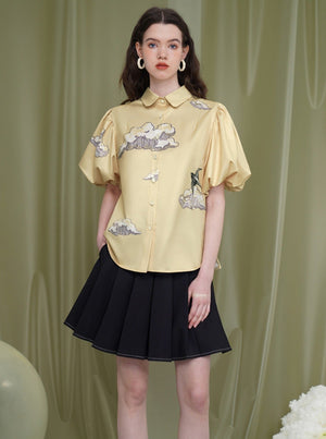Print Puff Sleeve Flower Shirt