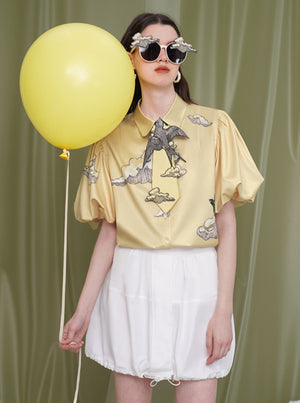 Print Puff Sleeve Flower Shirt