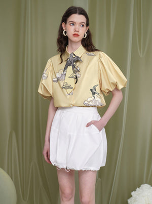 Print Puff Sleeve Flower Shirt