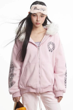 Printed Fur Collar Hooded Jacket