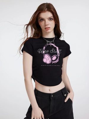 Printed Headphones Short Sleeve Top
