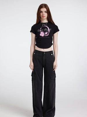 Printed Headphones Short Sleeve Top