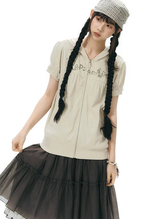 Printed Hooded Oatmeal Short-Sleeve Sweatshirt