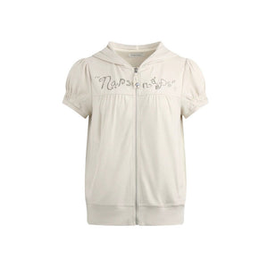 Printed Hooded Oatmeal Short-Sleeve Sweatshirt