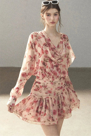 Puff Floral Chiffon Dress and Leggings Set