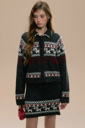 A cozy puppy-themed Fair Isle knit sweater and skirt set.