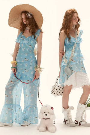 Puppy Print Ruffle Pants Set-Up
