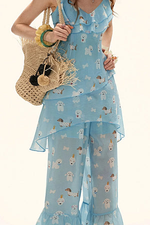 Puppy Print Ruffle Pants Set-Up
