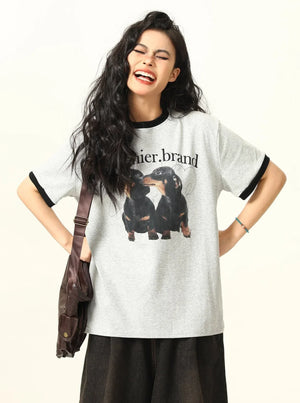 Puppy Shoulder Round Neck Short Sleeve T-Shirt