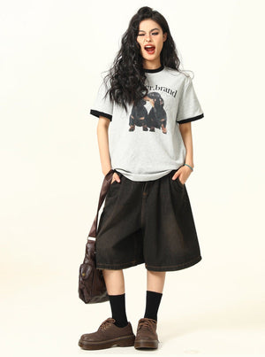 Puppy Shoulder Round Neck Short Sleeve T-Shirt