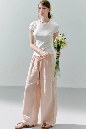 Pure Linen Lace-Trimmed Wide Leg Pants