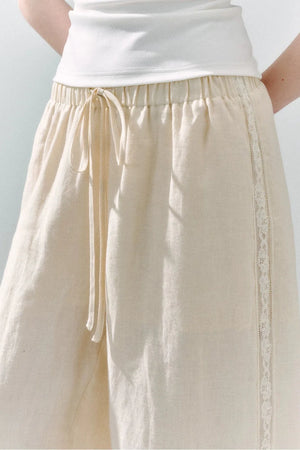 Pure Linen Lace-Trimmed Wide Leg Pants