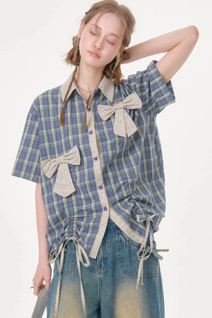 Purple Green Plaid Bow Drawstring Shirt