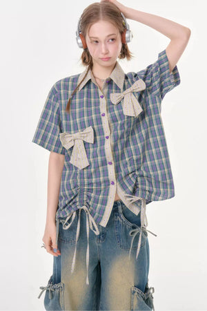Purple Green Plaid Bow Drawstring Shirt