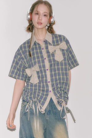 Purple Green Plaid Bow Drawstring Shirt