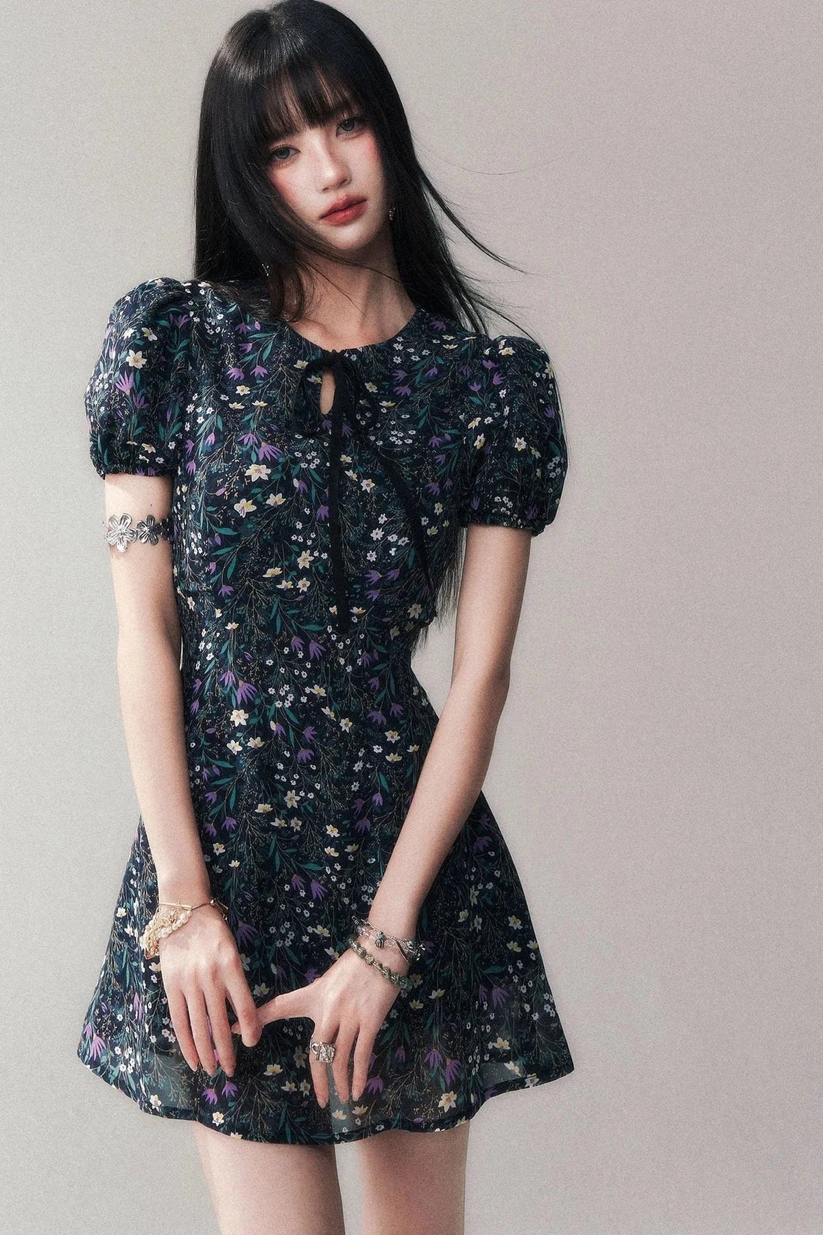 Purple Lilac Floral Puff Sleeve Dress