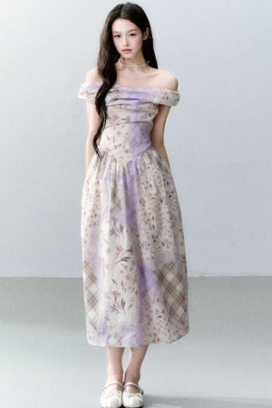 Purple Mist Plaid Off-Shoulder Dress