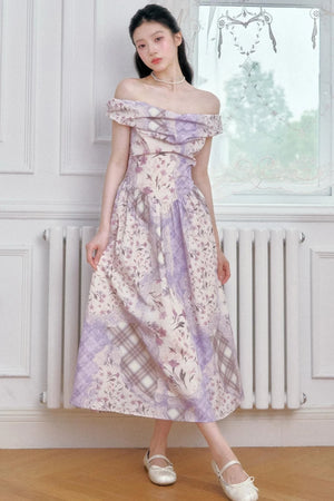 Purple Mist Plaid Off-Shoulder Dress