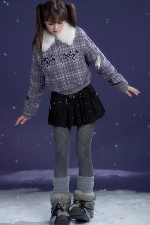 Purple Plaid Fur Collar Jacket