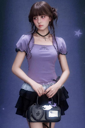 Purple Puff Sleeve Lace Top