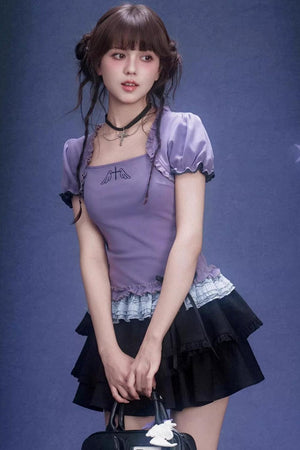 Purple Puff Sleeve Lace Top