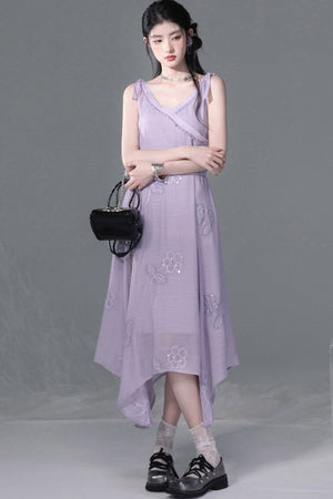 Purple Sequin Camisole And Asymmetrical Hem Dress Set