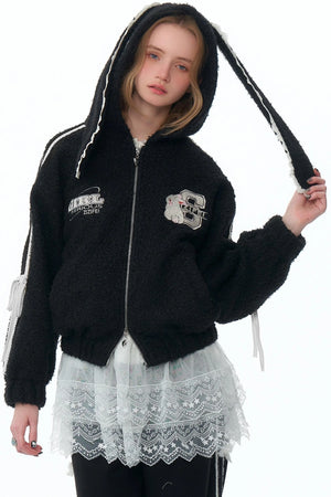 Rabbit Ears Hooded Black Tweed Jacket