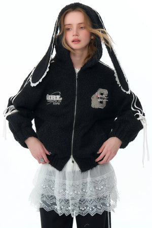 Rabbit Ears Hooded Black Tweed Jacket